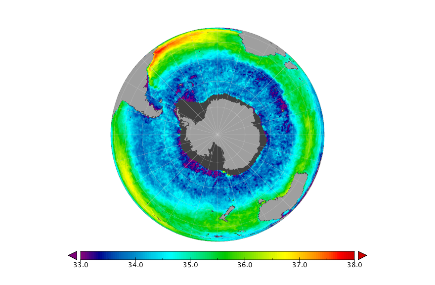 Monthly composite map of sea surface salinity, April 2019.