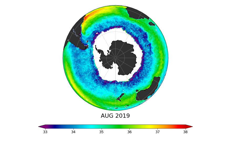 Sea Surface Salinity, August 2019