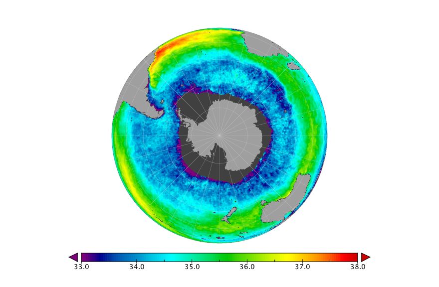 Monthly composite map of sea surface salinity, May 2020.