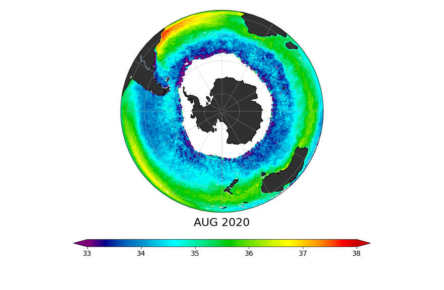 Sea Surface Salinity, August 2020