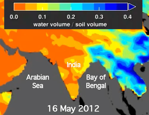 Aquarius soil moisture (orange is dry and dark blue is wet soil)