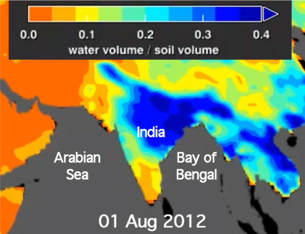 Aquarius soil moisture (orange is dry and dark blue is wet soil)