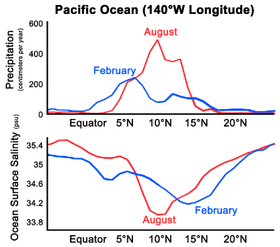 Precipitation and salinity along 140°W longitude for February (blue) and August (red)