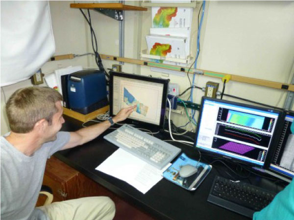 Tom Farrar, working on the survey of bottom depths prior to mooring deployment