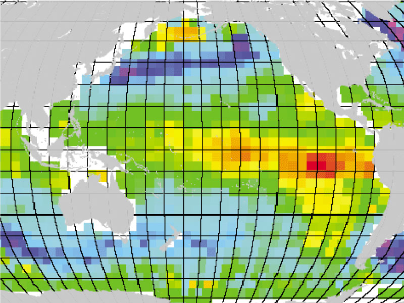 Global view of sea surface salinity superimposed with tracts